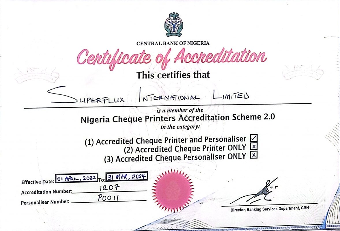 Superflux Certificate of Accreditation by Central Bank of Nigeria as Security Print Company